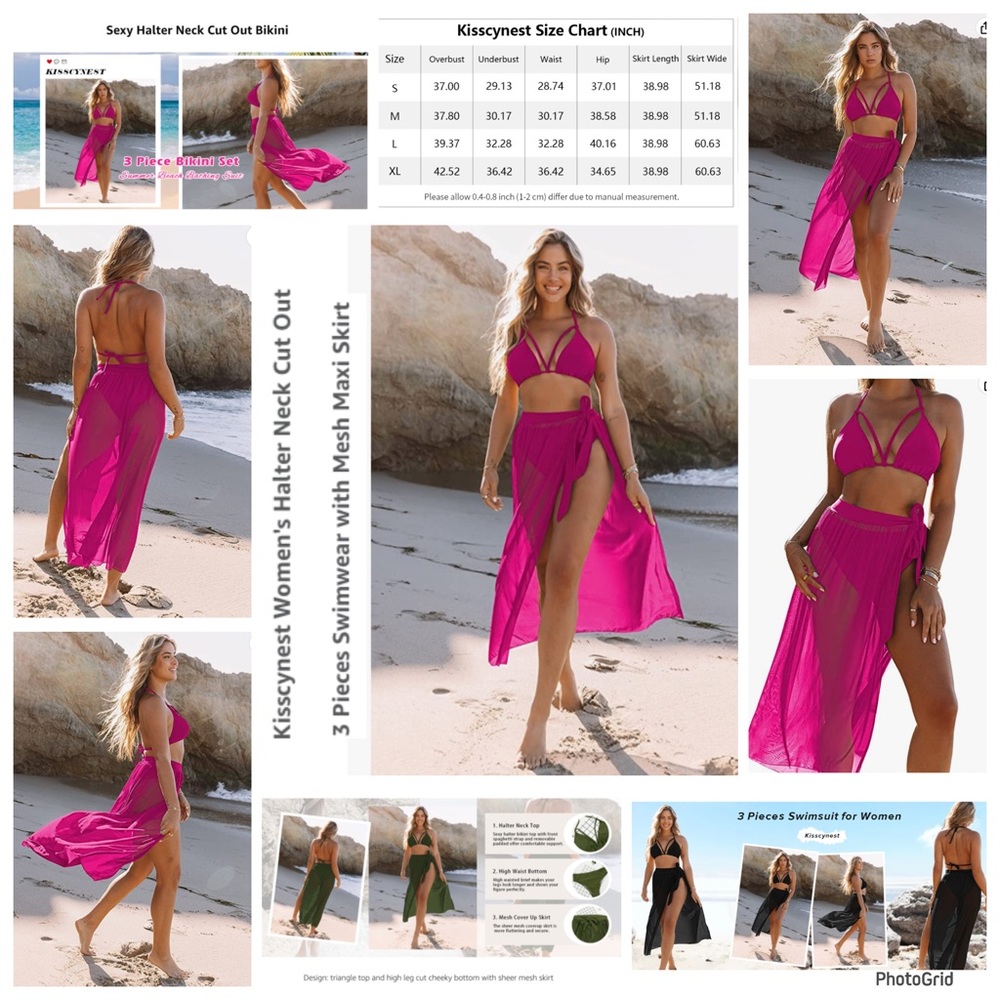 Kisscynest XL pink 3 piece halter neck bikini & mesh maxi skirt swimwear NWOT